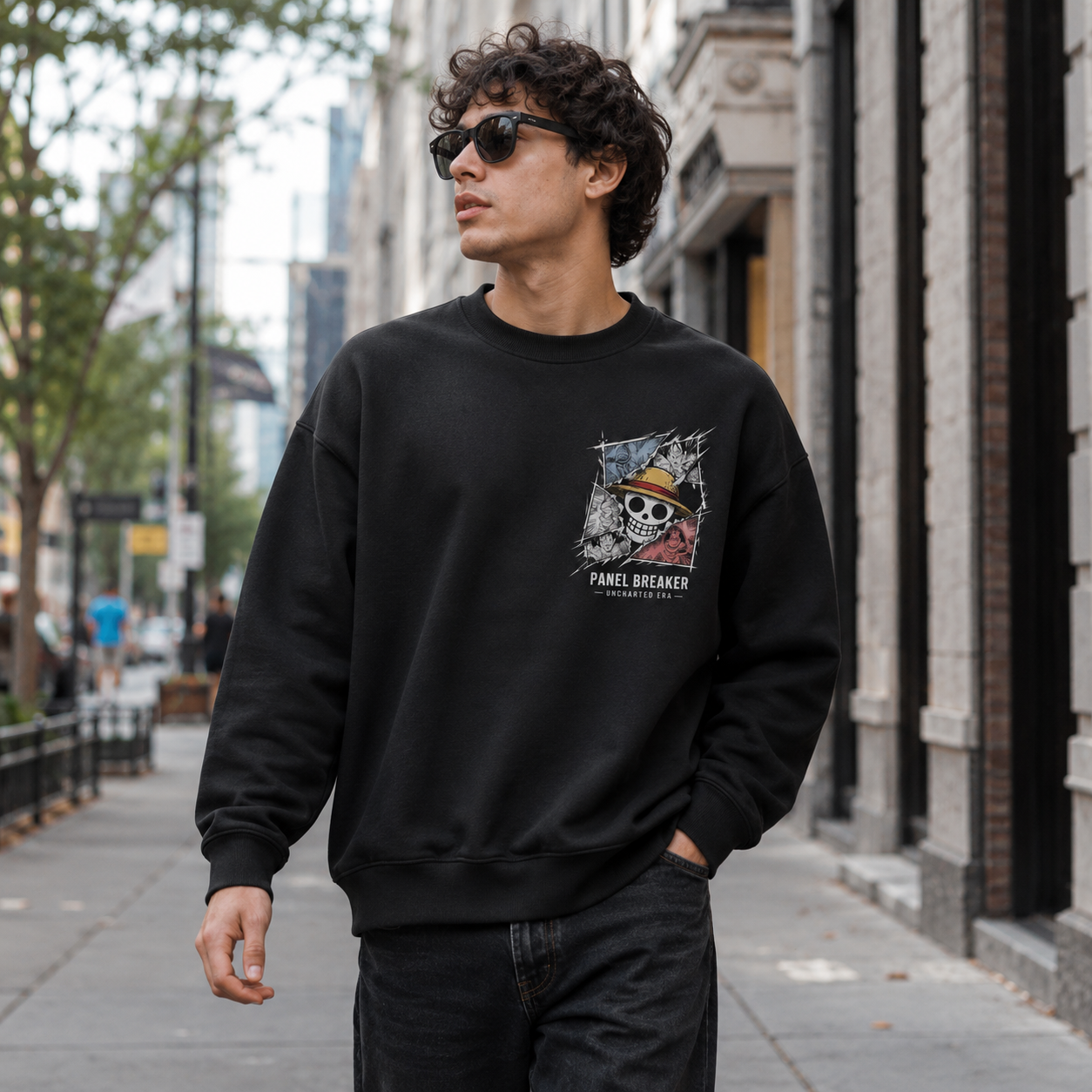 Black sweatshirt with Monkey D. Luffy One Piece Panel Breaker graphic – photo 4