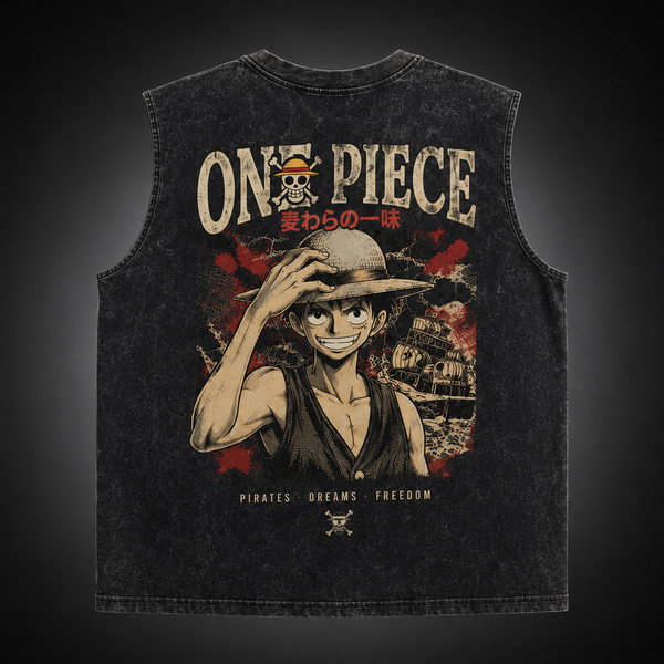 Washed black tank top with Monkey D. Luffy One Piece Pirates Dreams Freedom graphic – photo 1