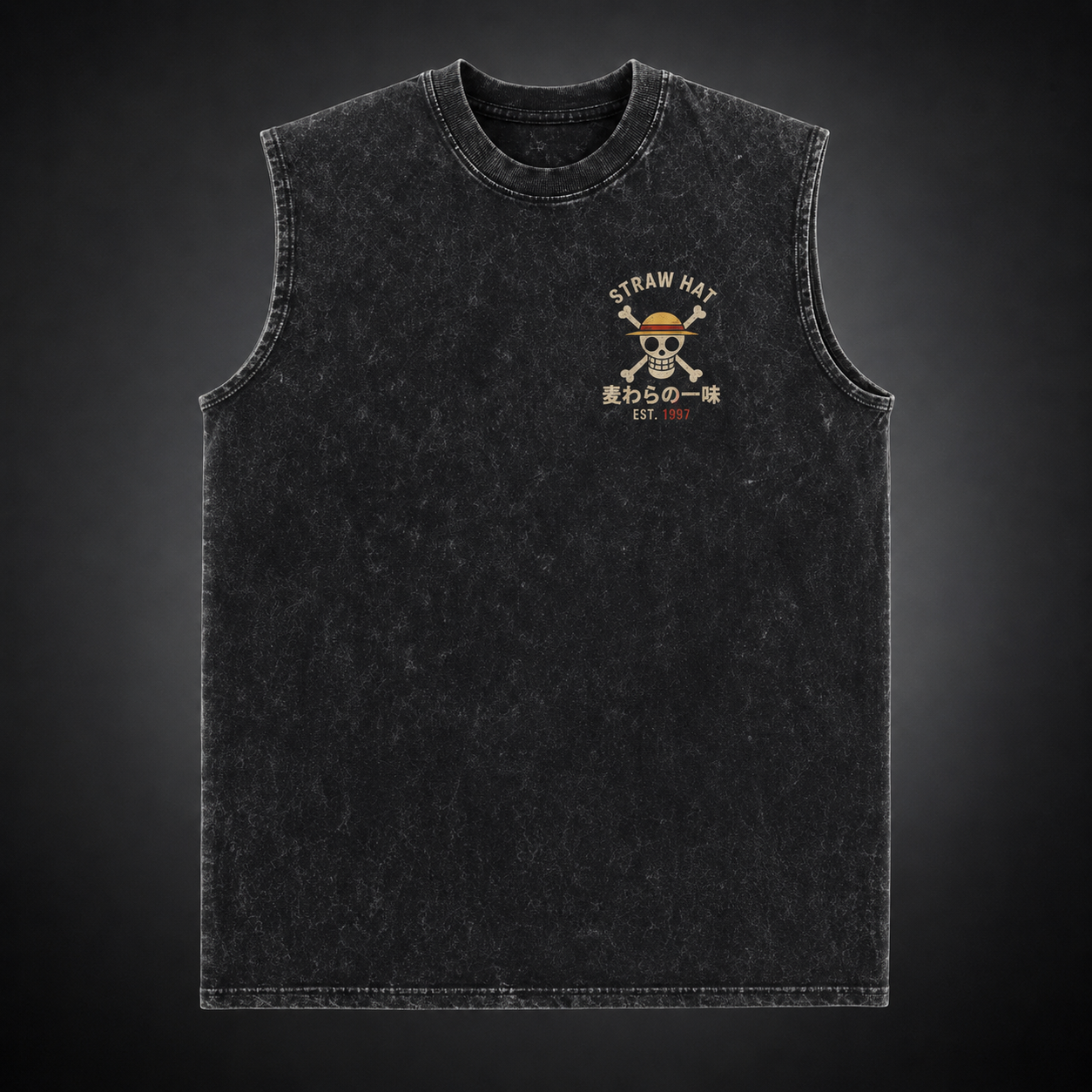 Washed black tank top with Monkey D. Luffy One Piece Pirates Dreams Freedom graphic – photo 2