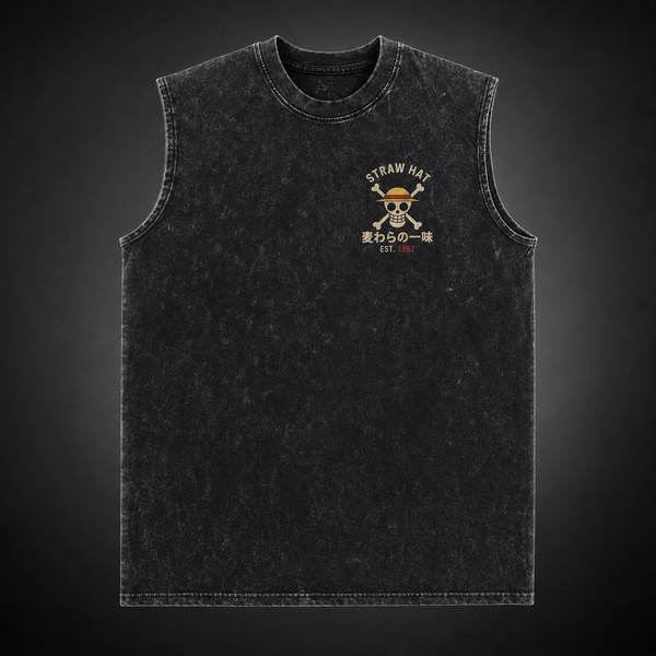Washed black tank top with Monkey D. Luffy One Piece Pirates Dreams Freedom graphic – photo 2