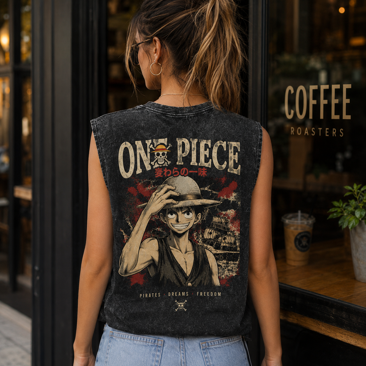 Washed black tank top with Monkey D. Luffy One Piece Pirates Dreams Freedom graphic – photo 3