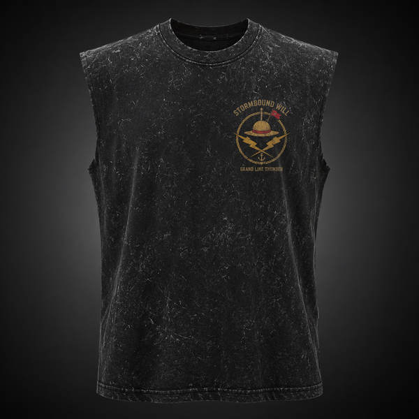 Washed black tank top with Monkey D. Luffy One Piece Ride The Storm graphic – photo 2