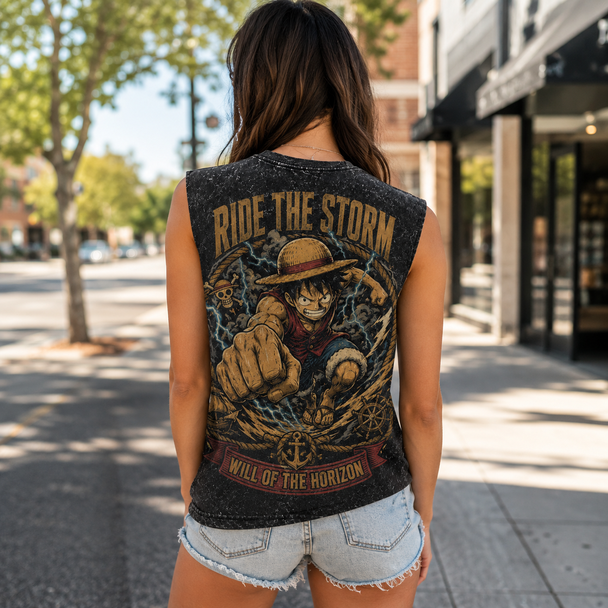 Washed black tank top with Monkey D. Luffy One Piece Ride The Storm graphic – photo 3