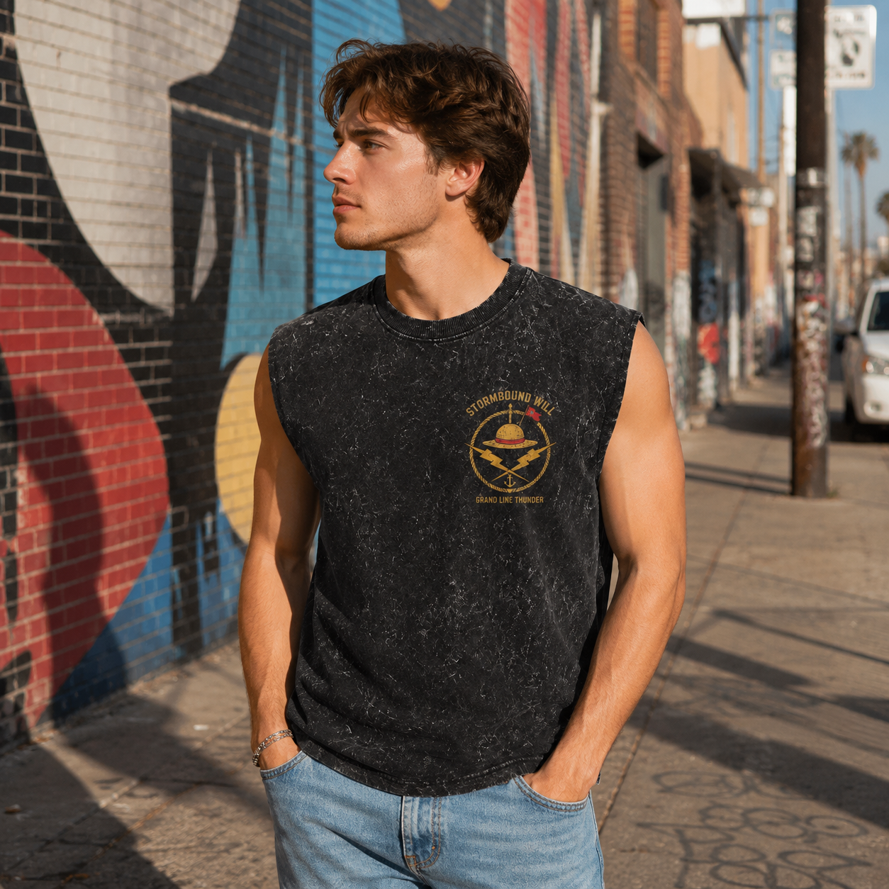 Washed black tank top with Monkey D. Luffy One Piece Ride The Storm graphic – photo 4