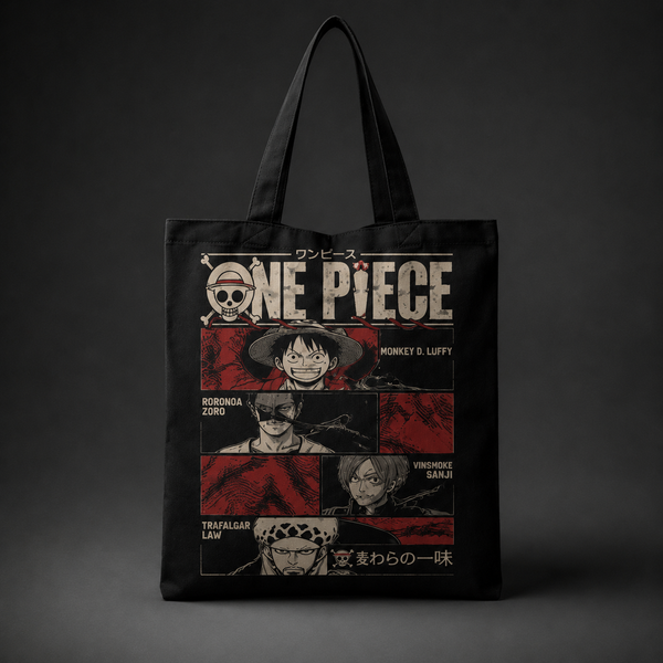 Black tote bag with Monkey D. Luffy One Piece Straw Hat Crew Panels graphic – photo 1