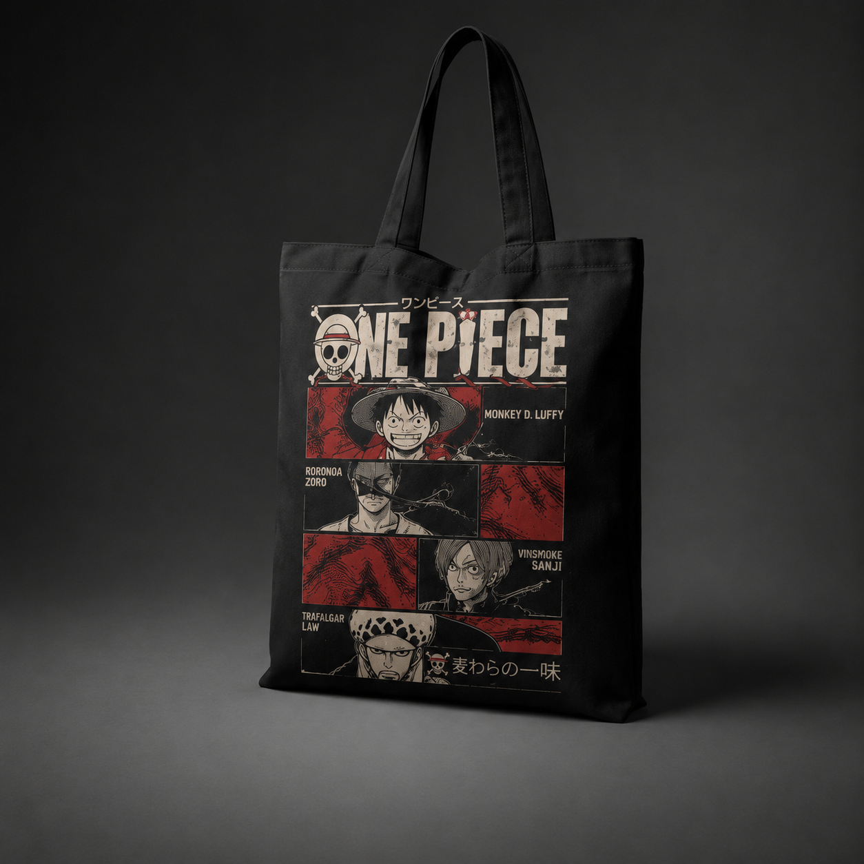 Black tote bag with Monkey D. Luffy One Piece Straw Hat Crew Panels graphic – photo 2