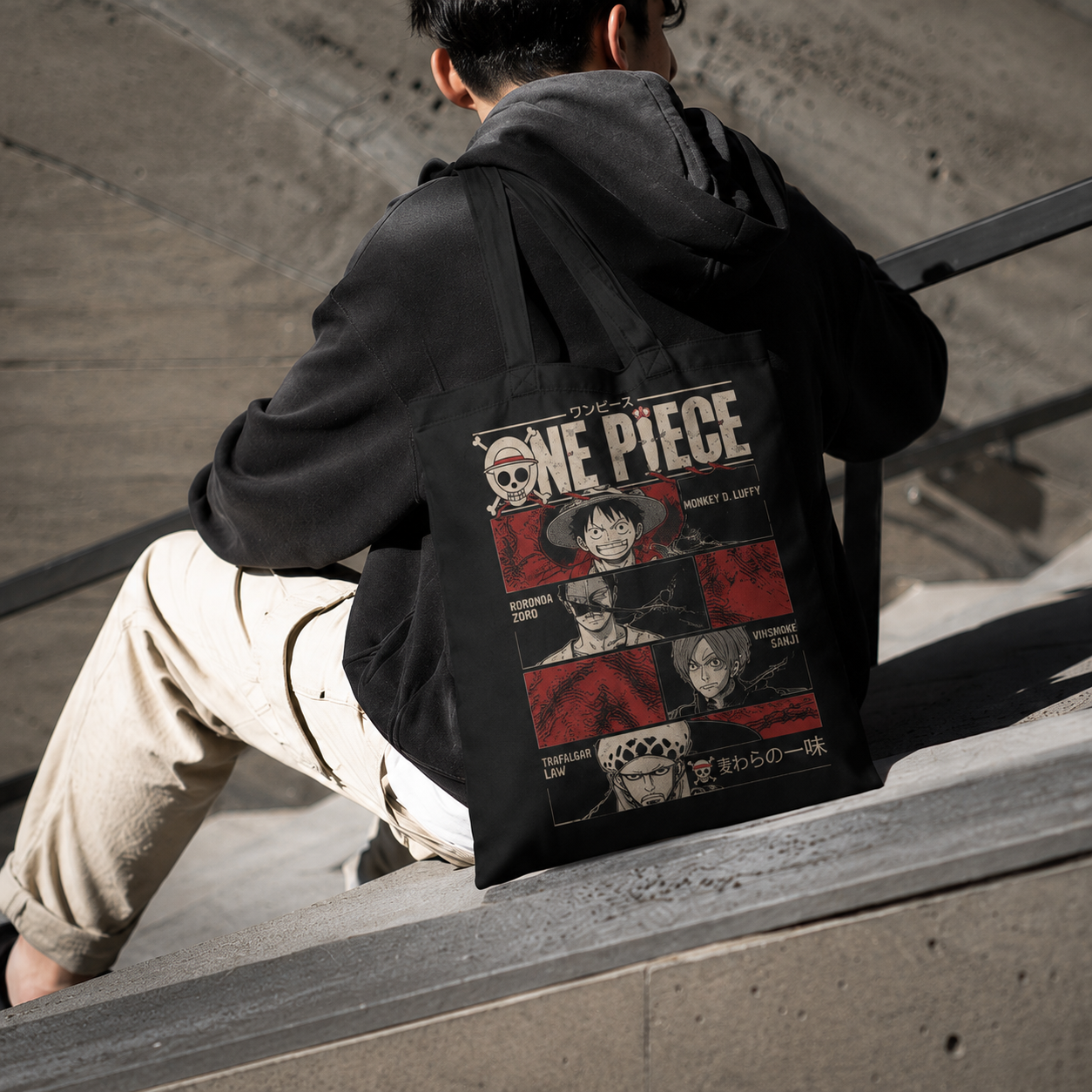 Black tote bag with Monkey D. Luffy One Piece Straw Hat Crew Panels graphic – photo 3
