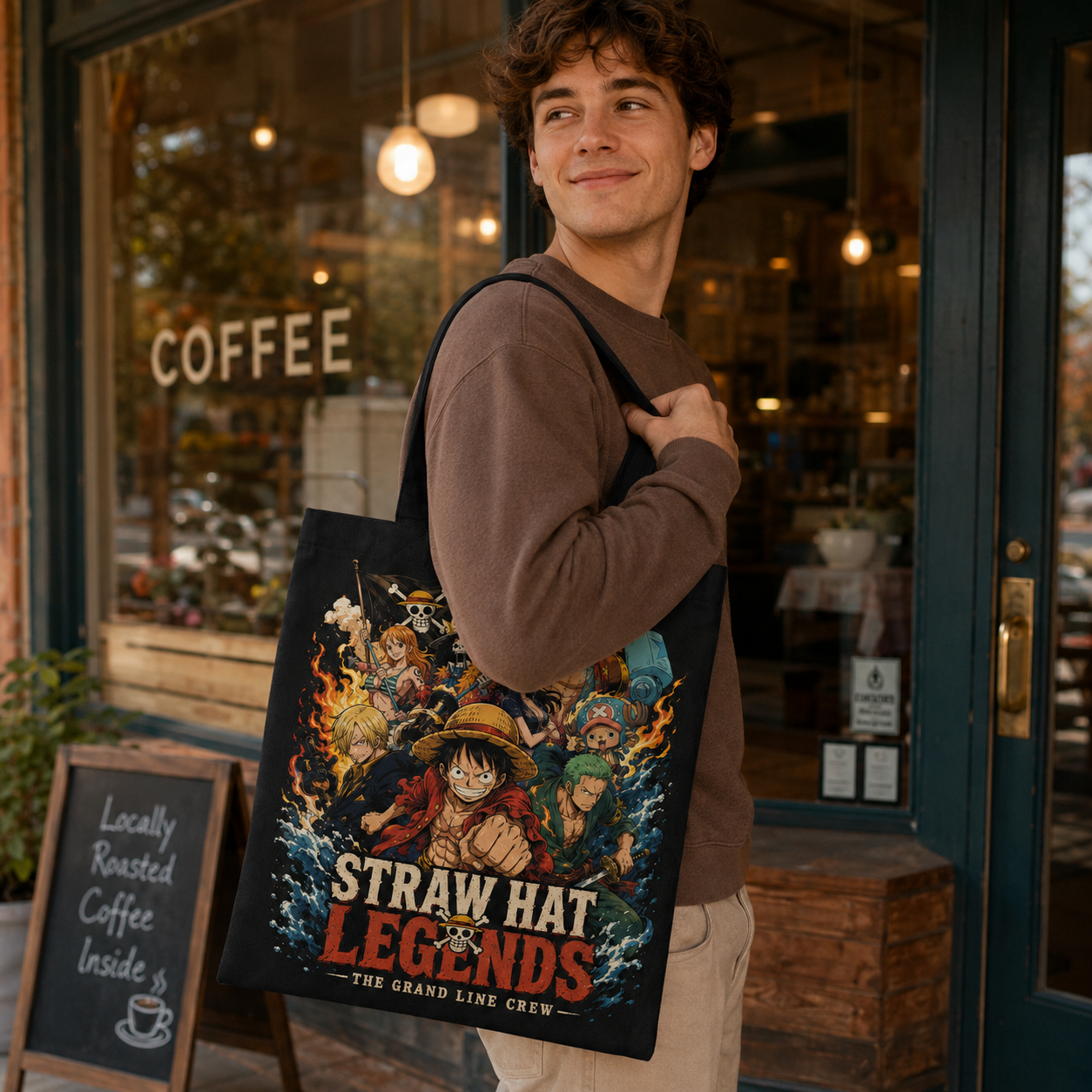 Black tote bag with Monkey D. Luffy One Piece Straw Hat Legends graphic – photo 4