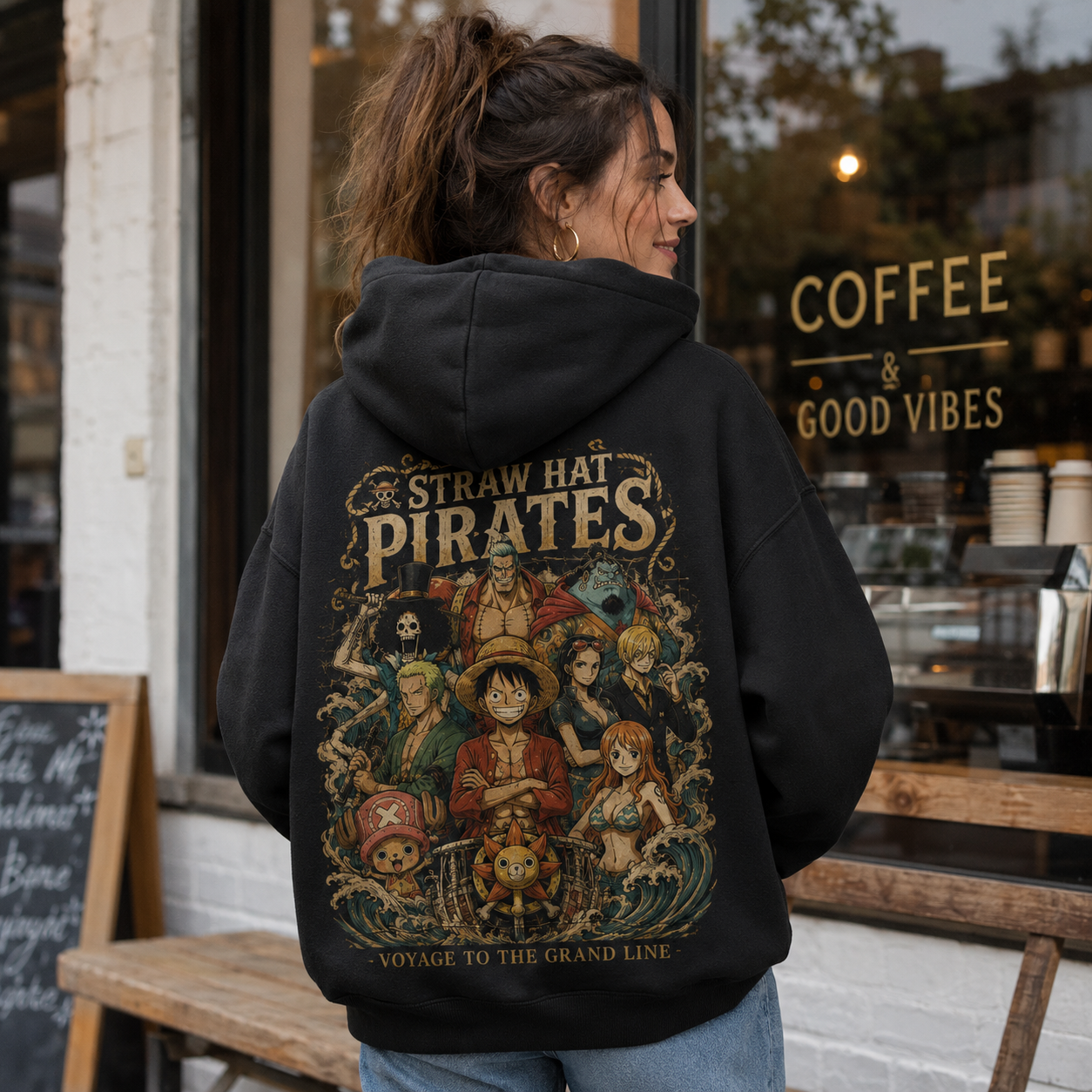 Black hoodie with Monkey D. Luffy One Piece Straw Hat Pirates graphic – photo 3