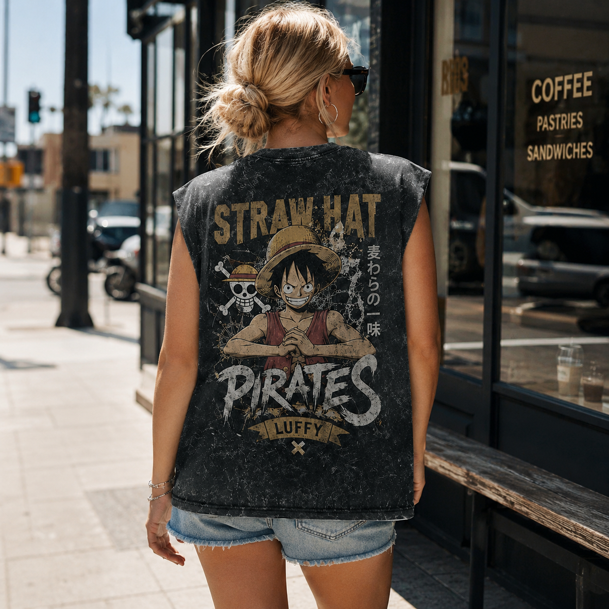 Washed black tank top with Monkey D. Luffy One Piece Straw Hat Pirates graphic – photo 3