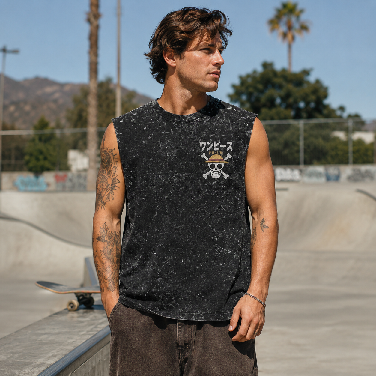 Washed black tank top with Monkey D. Luffy One Piece Straw Hat Pirates graphic – photo 4