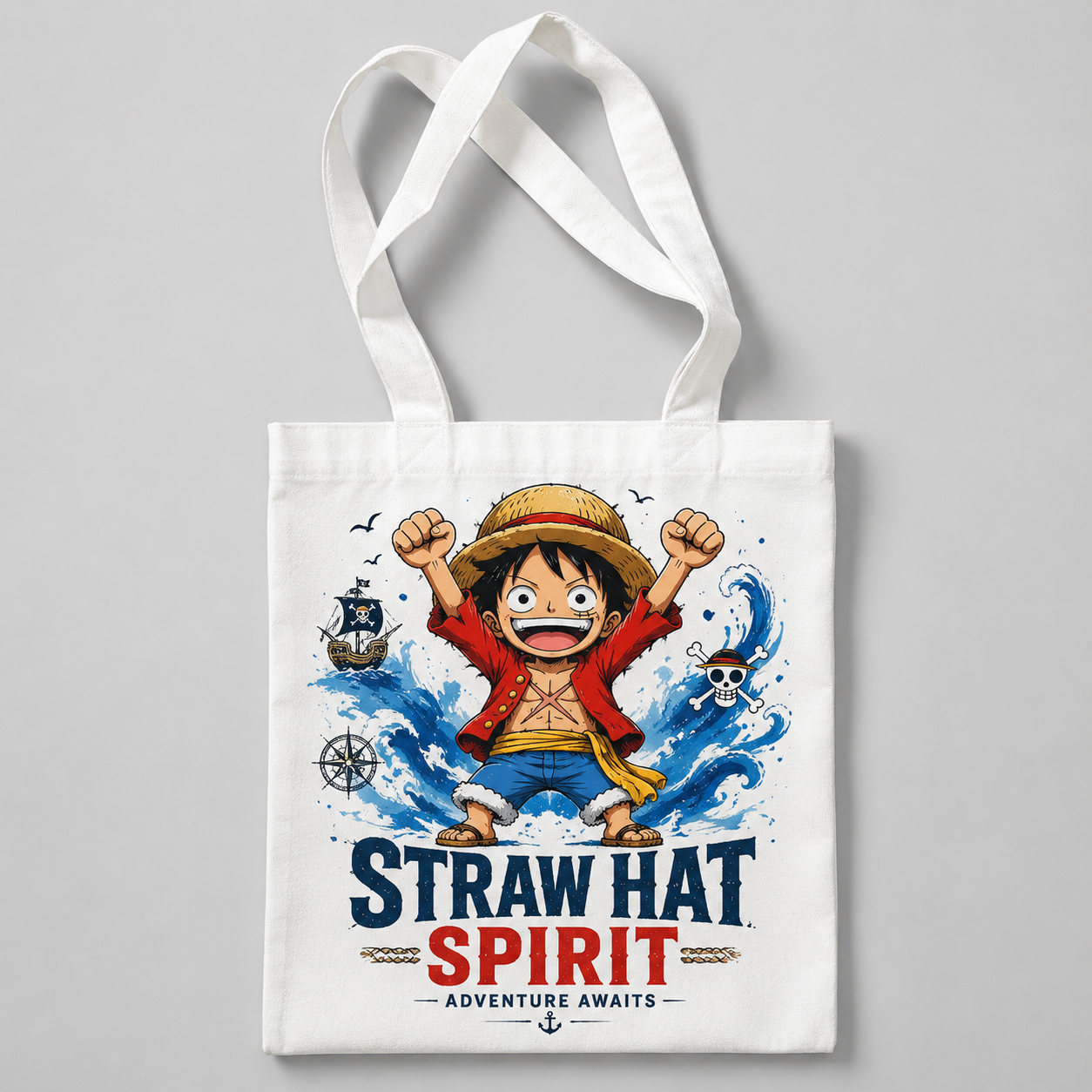 White tote bag with Monkey D. Luffy One Piece Straw Hat Spirit graphic – photo 1