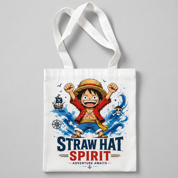 White tote bag with Monkey D. Luffy One Piece Straw Hat Spirit graphic – photo 1