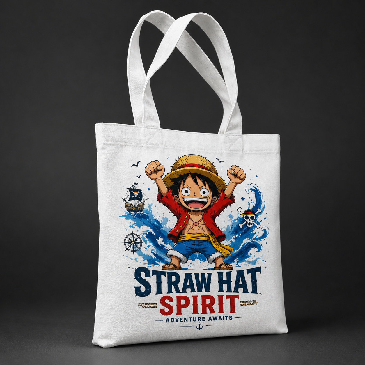 White tote bag with Monkey D. Luffy One Piece Straw Hat Spirit graphic – photo 2