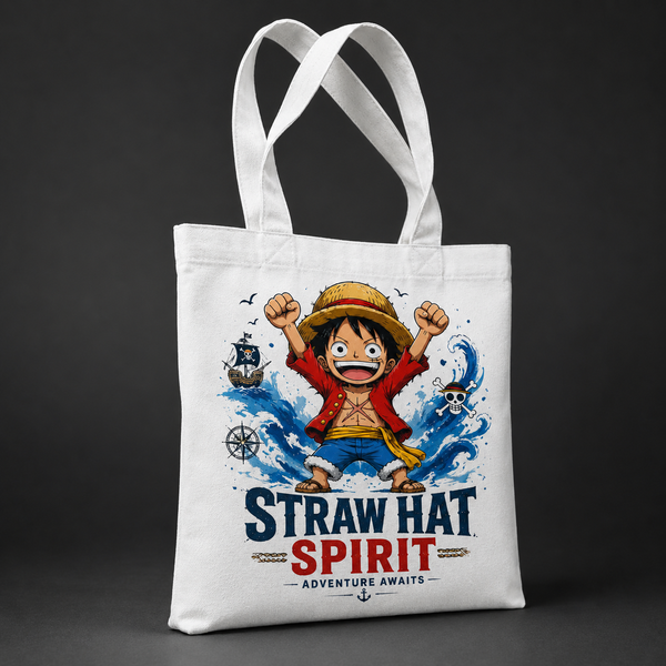 White tote bag with Monkey D. Luffy One Piece Straw Hat Spirit graphic – photo 2