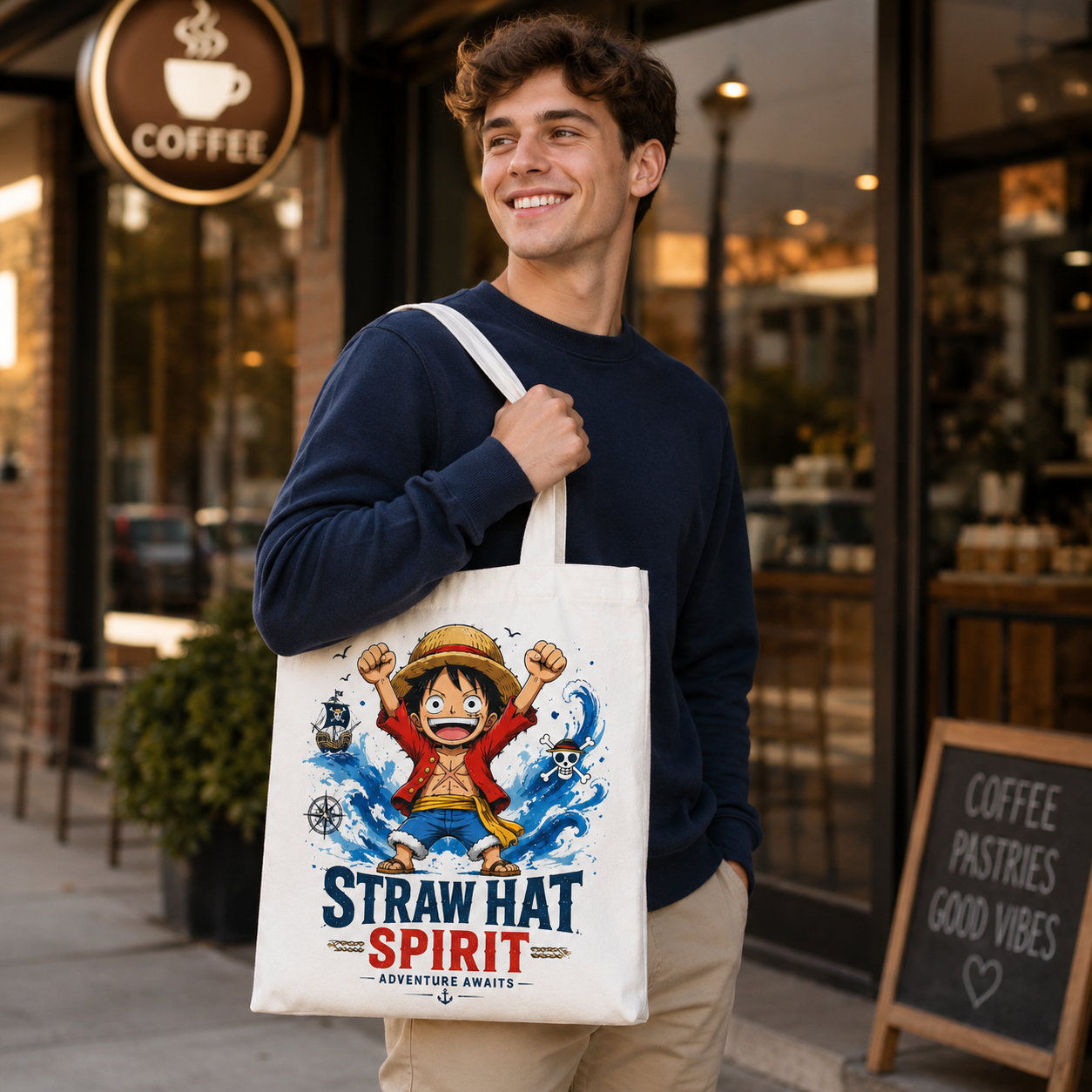 White tote bag with Monkey D. Luffy One Piece Straw Hat Spirit graphic – photo 4