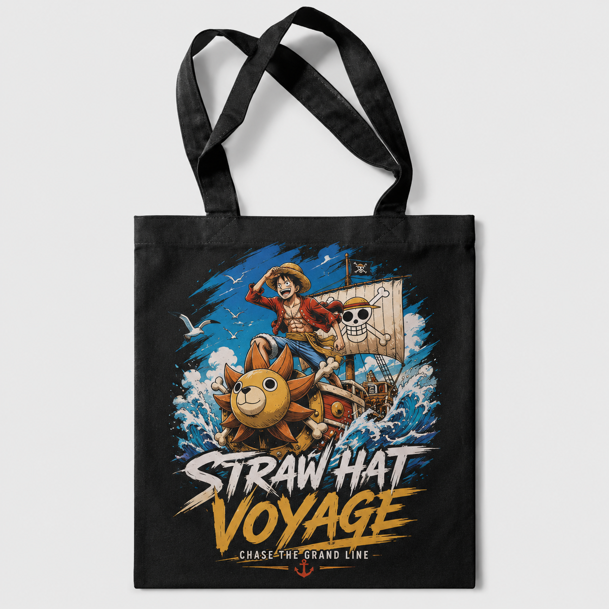 Black tote bag with Monkey D. Luffy One Piece Straw Hat Voyage graphic – photo 1