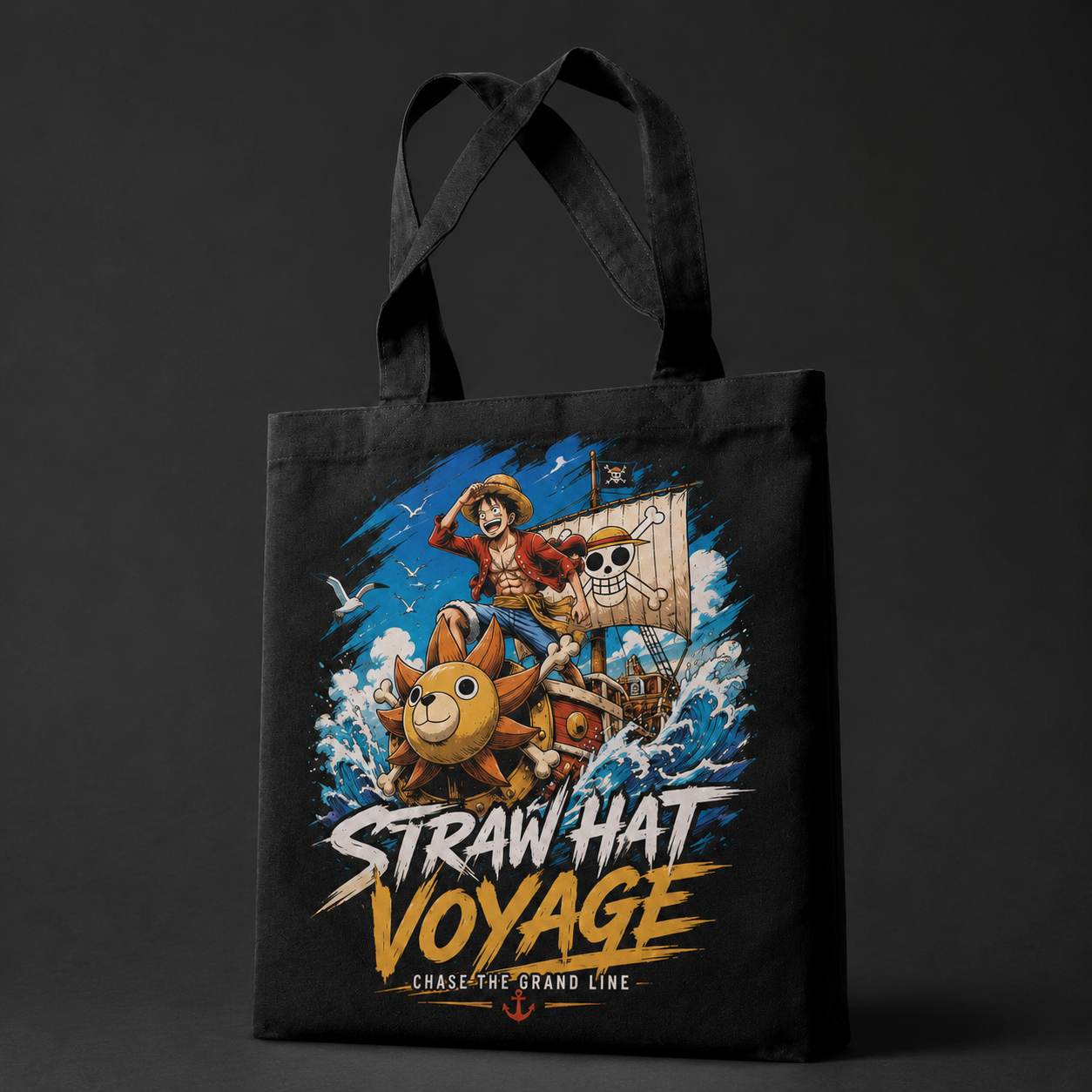 Black tote bag with Monkey D. Luffy One Piece Straw Hat Voyage graphic – photo 2