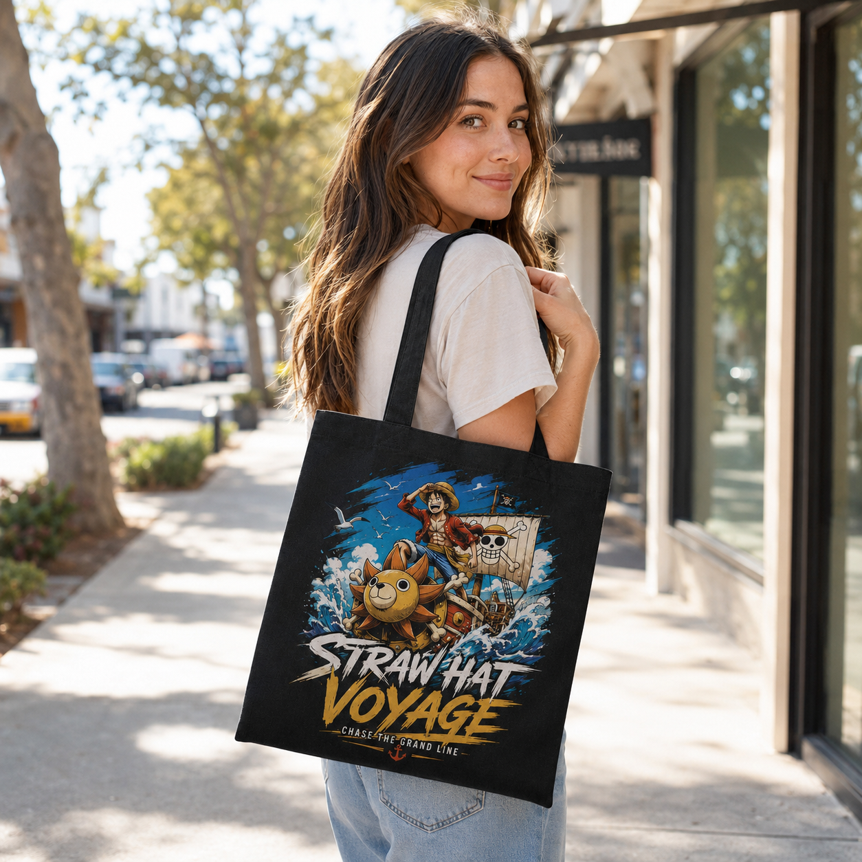 Black tote bag with Monkey D. Luffy One Piece Straw Hat Voyage graphic – photo 3