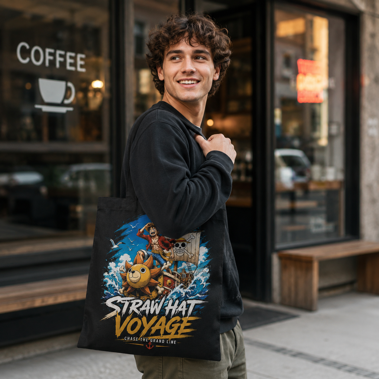 Black tote bag with Monkey D. Luffy One Piece Straw Hat Voyage graphic – photo 4
