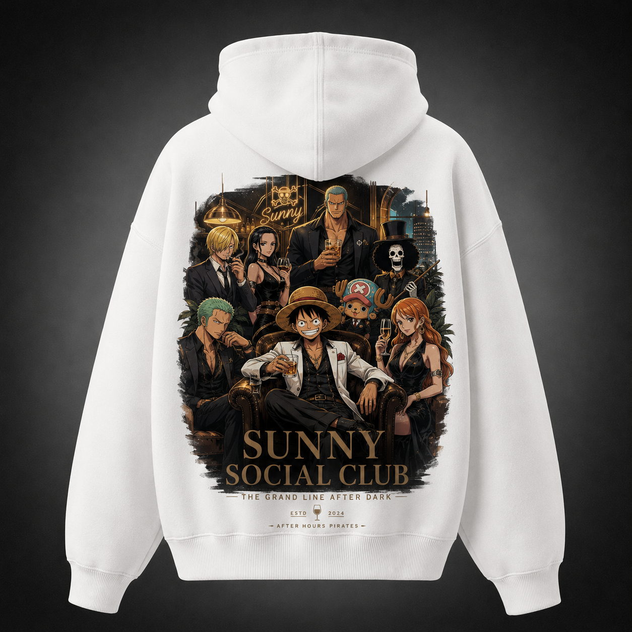 White hoodie with Monkey D. Luffy One Piece Sunny Social Club graphic – photo 1
