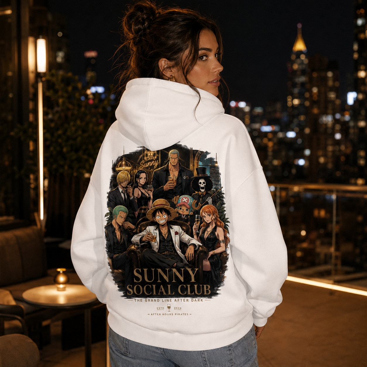 White hoodie with Monkey D. Luffy One Piece Sunny Social Club graphic – photo 3