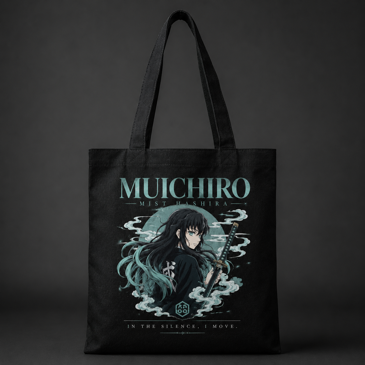 Black tote bag with Muichiro Tokito Demon Slayer Mist Hashira Portrait graphic – photo 1