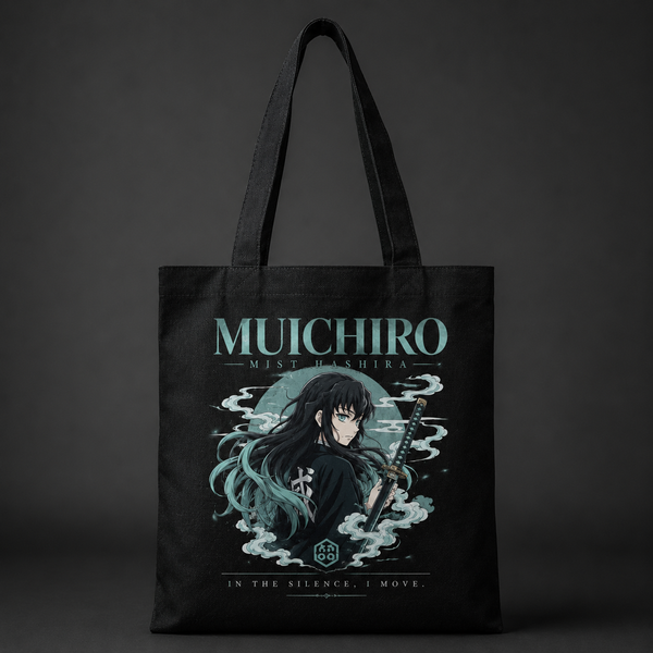 Black tote bag with Muichiro Tokito Demon Slayer Mist Hashira Portrait graphic – photo 1