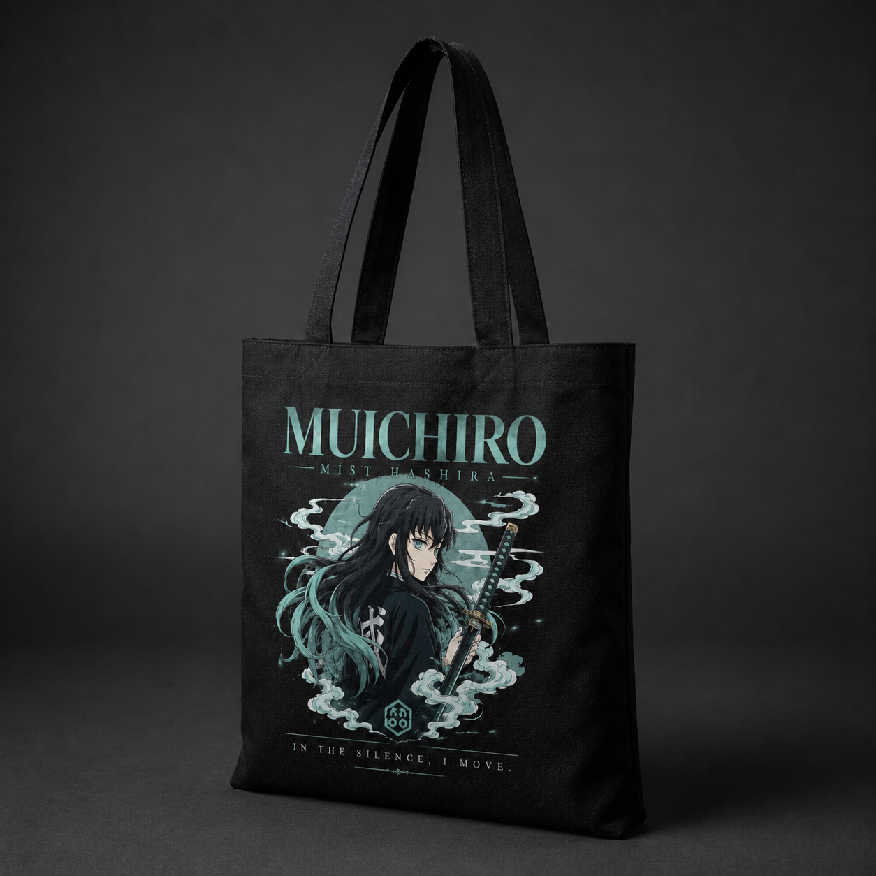 Black tote bag with Muichiro Tokito Demon Slayer Mist Hashira Portrait graphic – photo 2