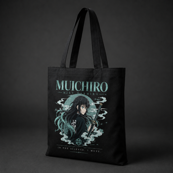 Black tote bag with Muichiro Tokito Demon Slayer Mist Hashira Portrait graphic – photo 2