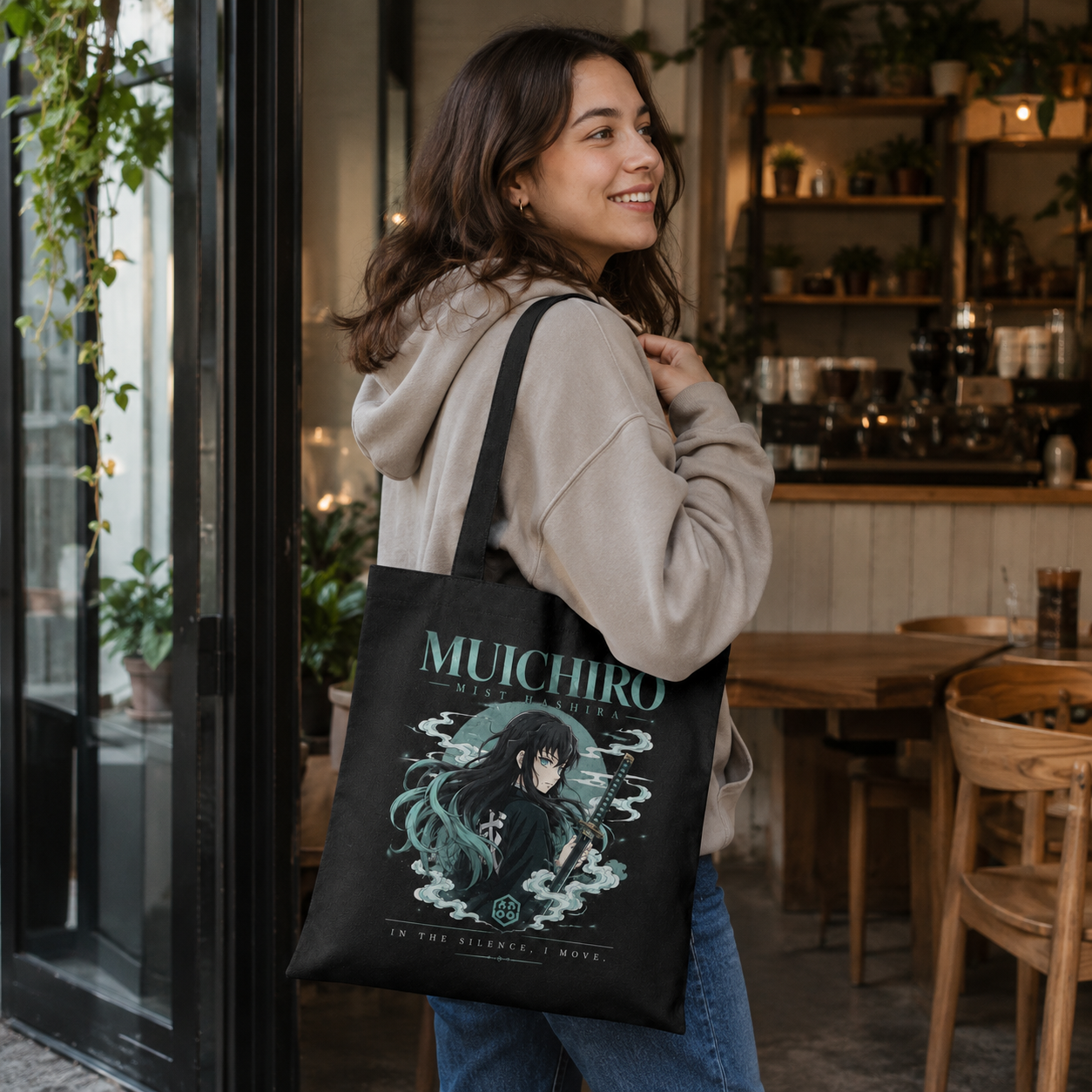 Black tote bag with Muichiro Tokito Demon Slayer Mist Hashira Portrait graphic – photo 4
