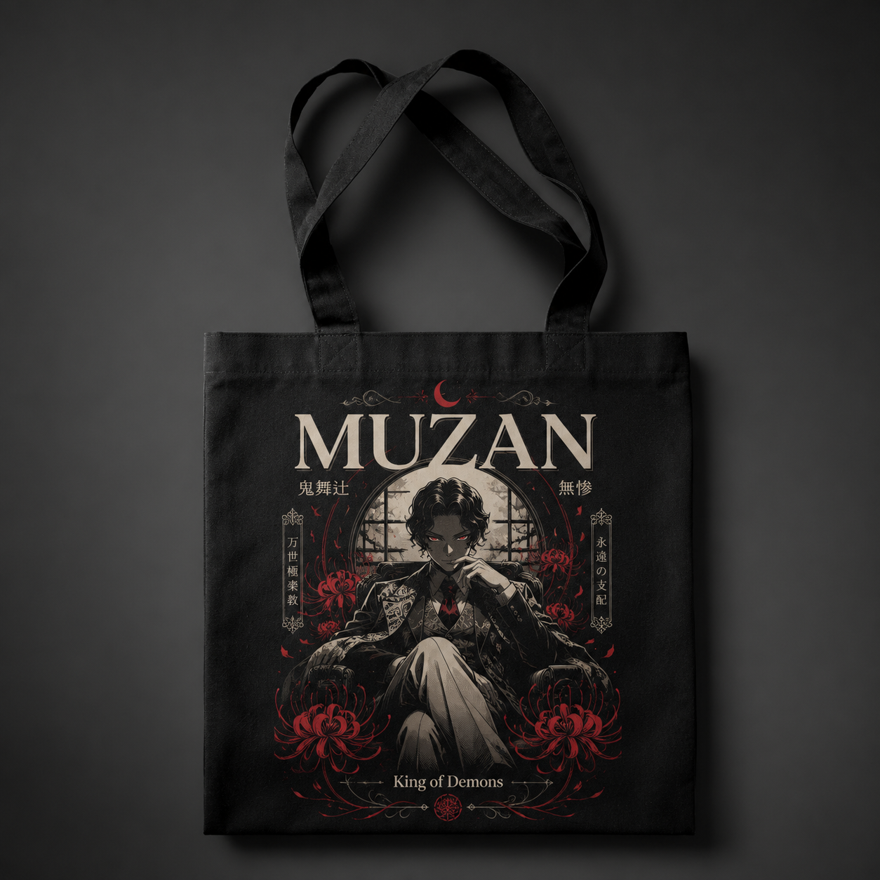 Black tote bag with Muzan Kibutsuji Demon Slayer King Of Demons graphic – photo 1
