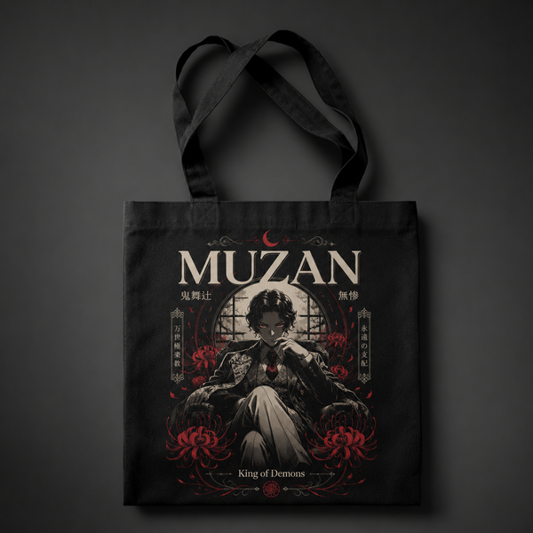 Black tote bag with Muzan Kibutsuji Demon Slayer King Of Demons graphic – photo 1