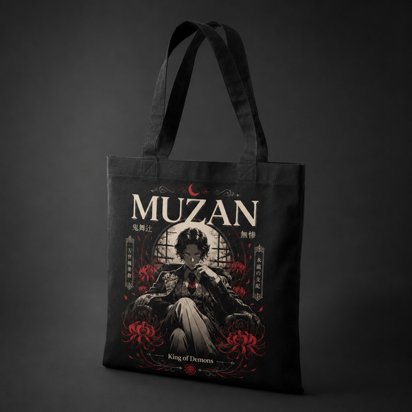 Black tote bag with Muzan Kibutsuji Demon Slayer King Of Demons graphic – photo 2