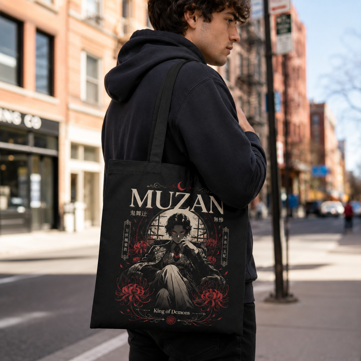 Black tote bag with Muzan Kibutsuji Demon Slayer King Of Demons graphic – photo 3
