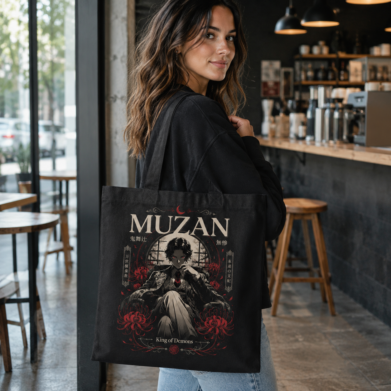 Black tote bag with Muzan Kibutsuji Demon Slayer King Of Demons graphic – photo 4