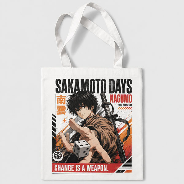 White tote bag with Nagumo Sakamoto Days Change Is A Weapon graphic – photo 1