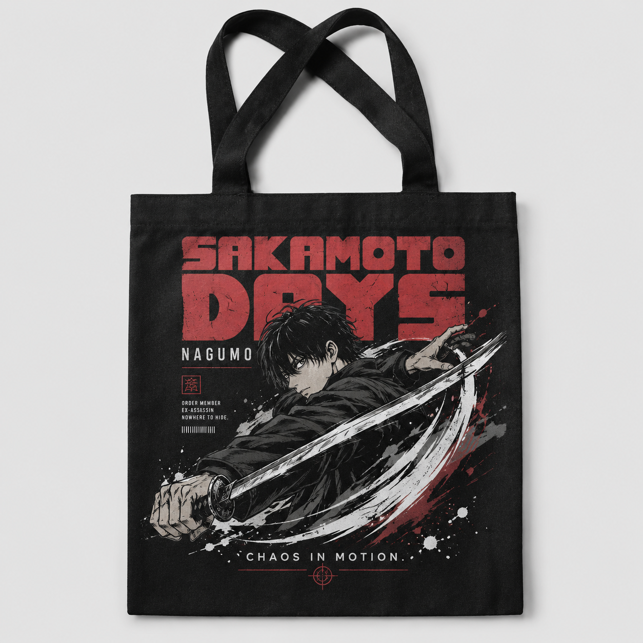 Black tote bag with Nagumo Sakamoto Days Chaos In Motion graphic – photo 1