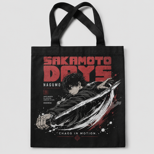 Black tote bag with Nagumo Sakamoto Days Chaos In Motion graphic – photo 1