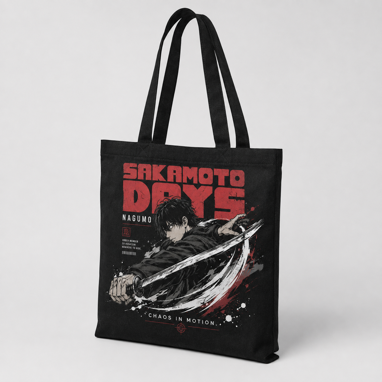 Black tote bag with Nagumo Sakamoto Days Chaos In Motion graphic – photo 2