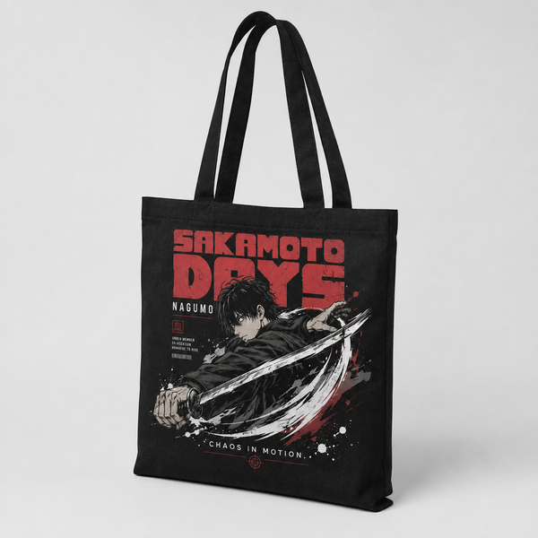 Black tote bag with Nagumo Sakamoto Days Chaos In Motion graphic – photo 2