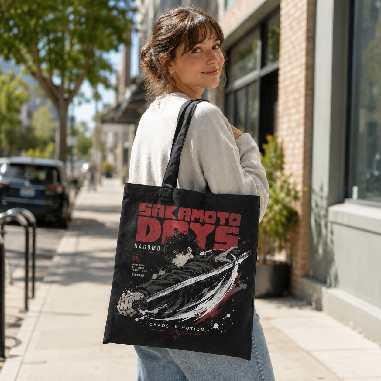 Black tote bag with Nagumo Sakamoto Days Chaos In Motion graphic – photo 3