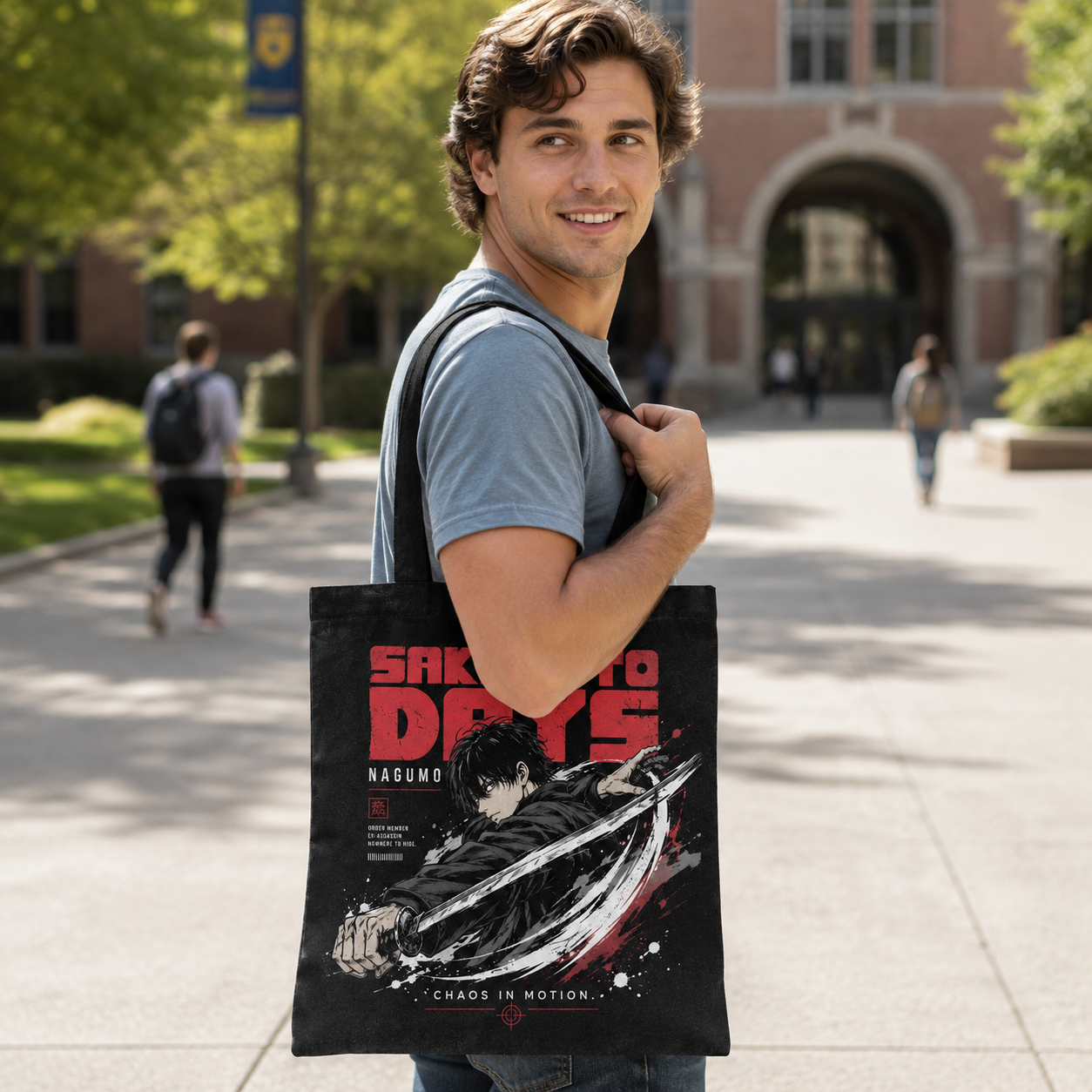 Black tote bag with Nagumo Sakamoto Days Chaos In Motion graphic – photo 4