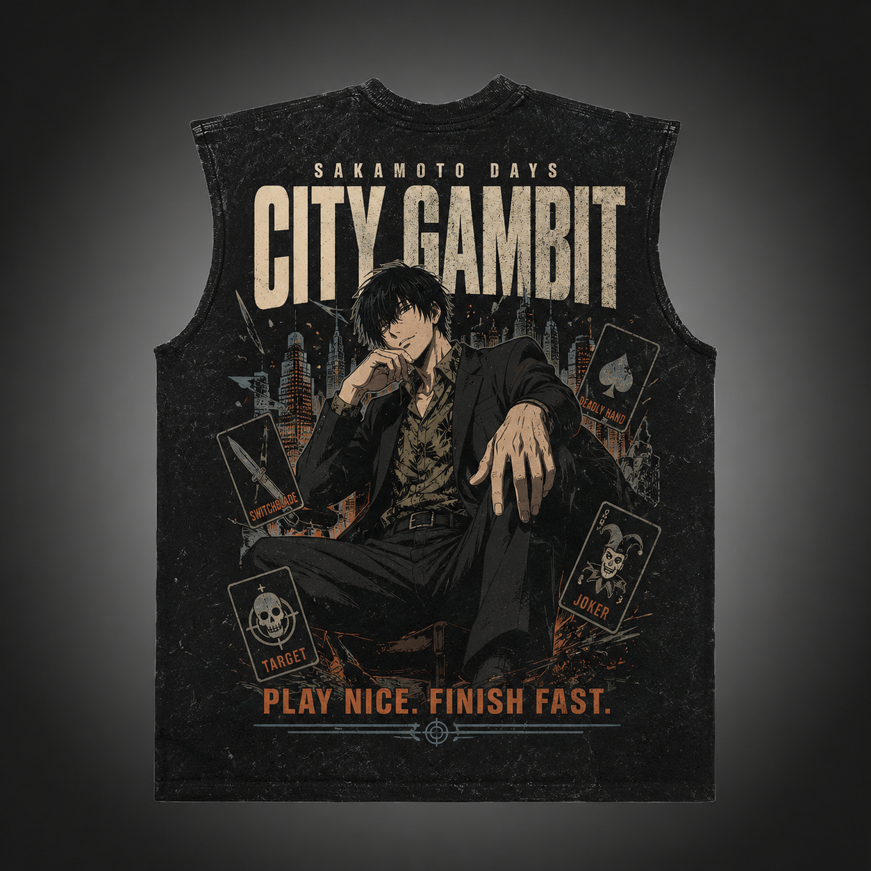 Washed black tank top with Nagumo Sakamoto Days City Gambit graphic – photo 1