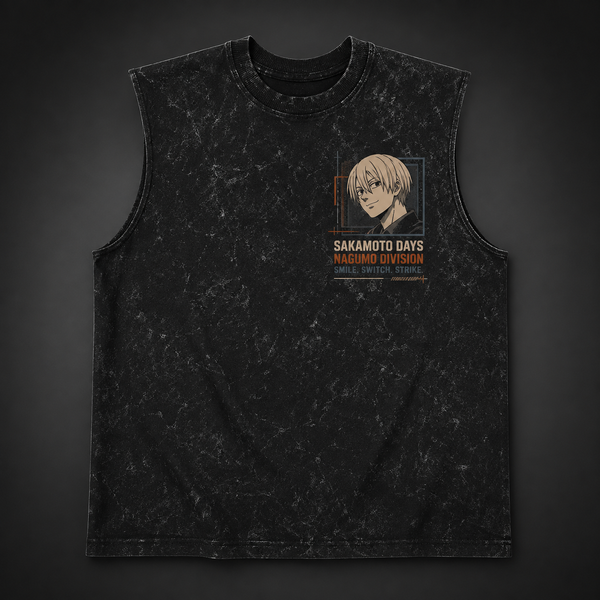 Washed black tank top with Nagumo Sakamoto Days City Gambit graphic – photo 2