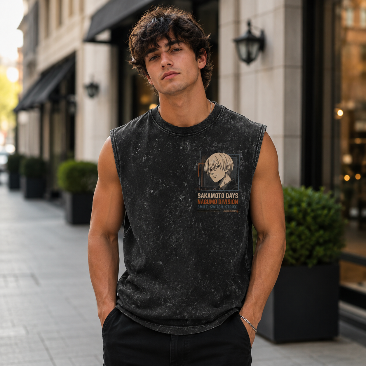 Washed black tank top with Nagumo Sakamoto Days City Gambit graphic – photo 4