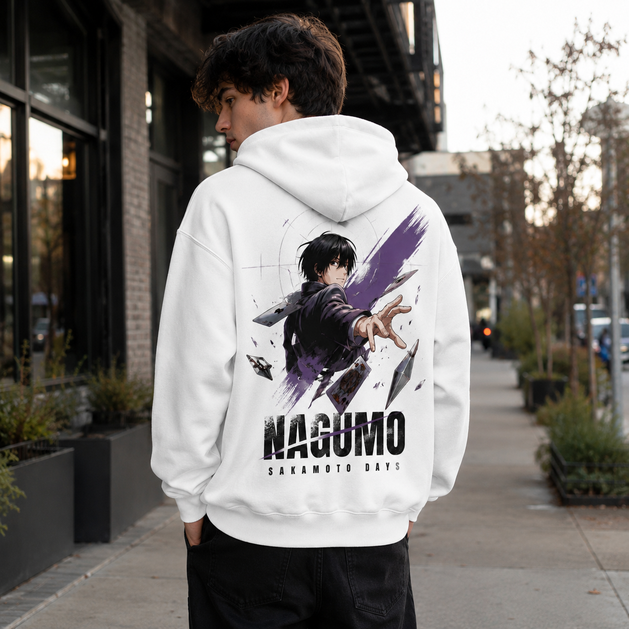 White hoodie with Nagumo Sakamoto Days Nagumo Cards graphic – photo 3