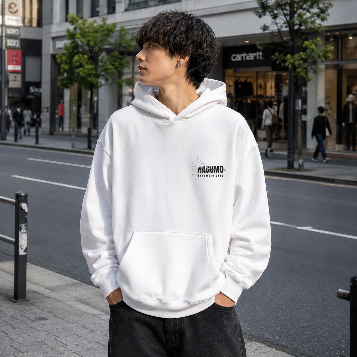 White hoodie with Nagumo Sakamoto Days Nagumo Cards graphic – photo 4