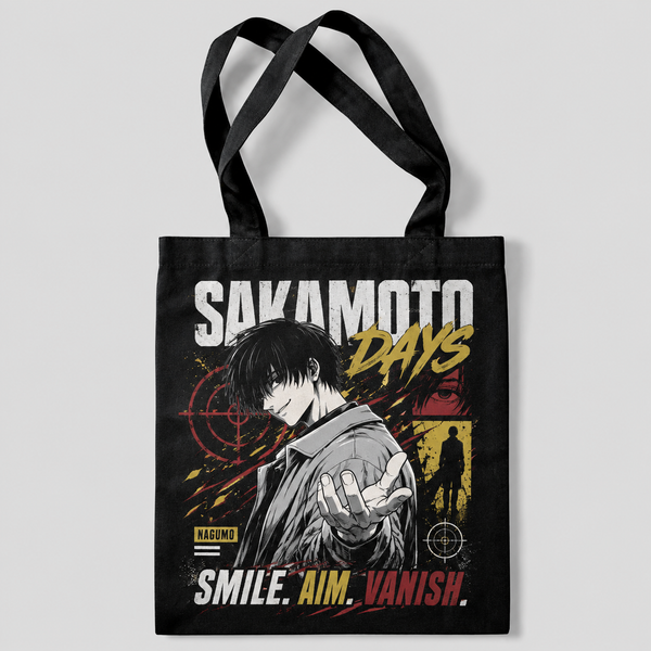 Black tote bag with Nagumo Sakamoto Days Smile Aim Vanish graphic – photo 1