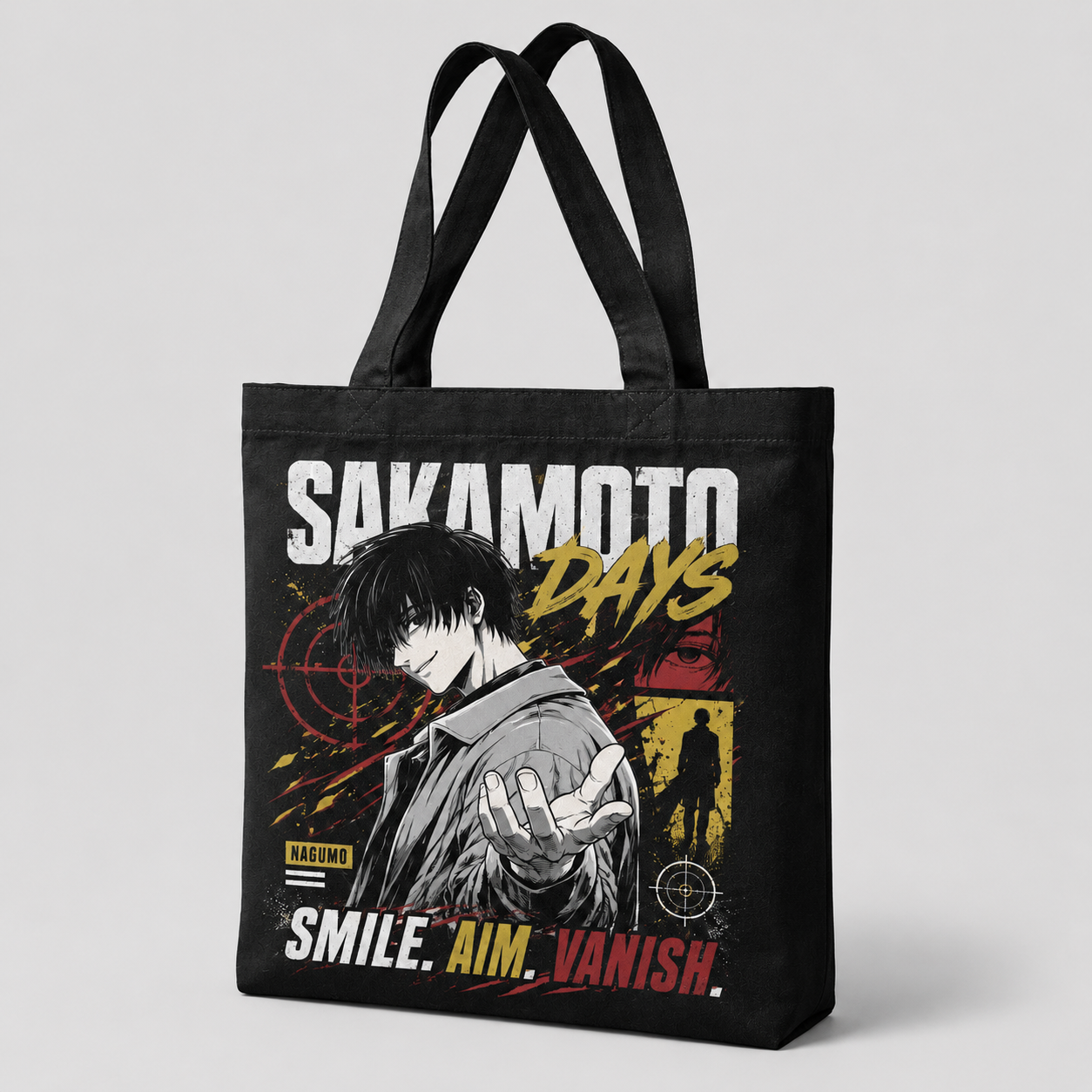 Black tote bag with Nagumo Sakamoto Days Smile Aim Vanish graphic – photo 2